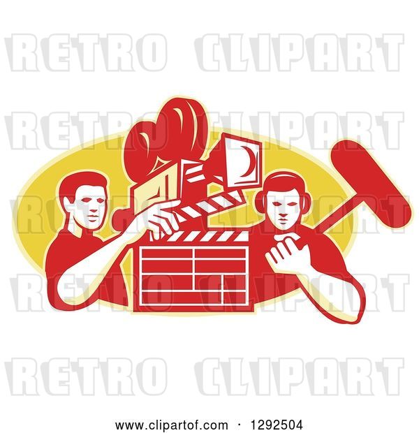 Vector Clip Art of Retro Male Cameraman Filming and Holding a Clapper, with a Boom Guy over a Yellow Oval