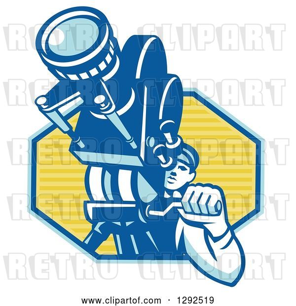 Vector Clip Art of Retro Male Cameraman Filming in a Blue and Yellow Hexagon