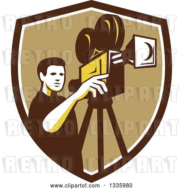 Vector Clip Art of Retro Male Cameraman Filming in a Brown White and Tan Shield