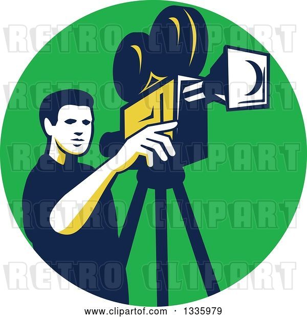 Vector Clip Art of Retro Male Cameraman Filming in a Green Circle