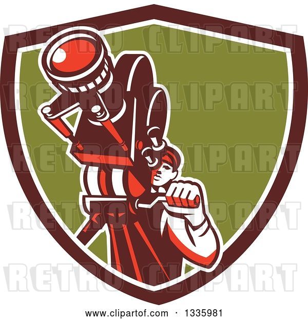 Vector Clip Art of Retro Male Cameraman Filming in a Maroon White and Green Shield