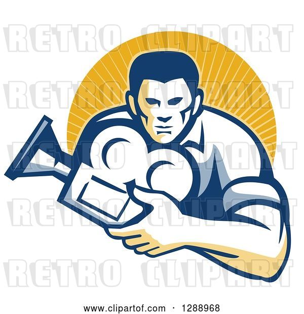 Vector Clip Art of Retro Male Cameraman Holding a Camera and Emerging from a Circle of Sunshine