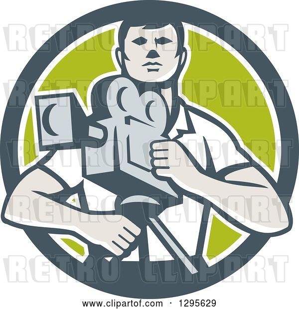 Vector Clip Art of Retro Male Cameraman in a Gray White and Green Circle