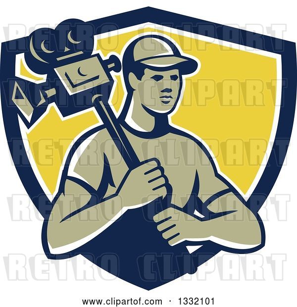 Vector Clip Art of Retro Male Cameraman in a Navy Blue, White and Yellow Shield