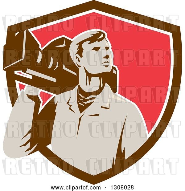 Vector Clip Art of Retro Male Cameraman Looking to the Side and Emerging from a Brown White and Red Shield