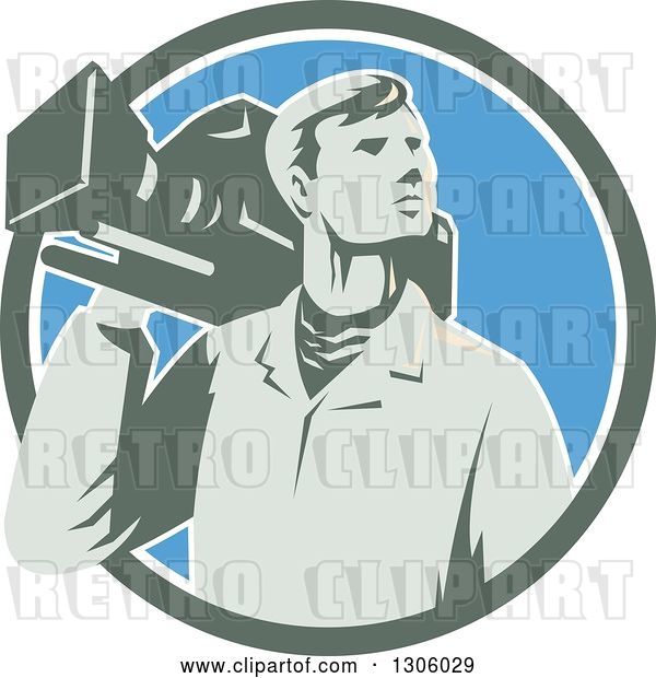 Vector Clip Art of Retro Male Cameraman Looking to the Side and Emerging from a Green White and Blue Circle