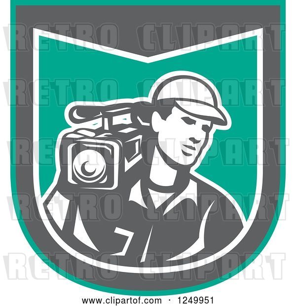 Vector Clip Art of Retro Male Cameraman Recording in a Green and Gray Shield