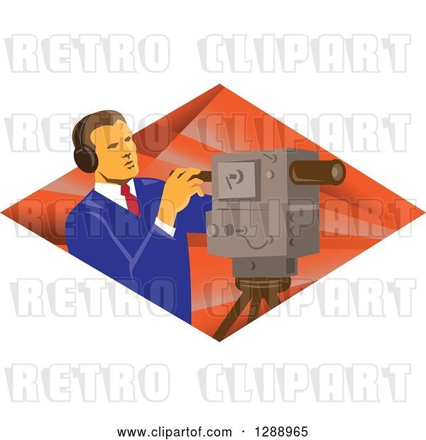 Vector Clip Art of Retro Male Cameraman Working in a Diamond of Rays
