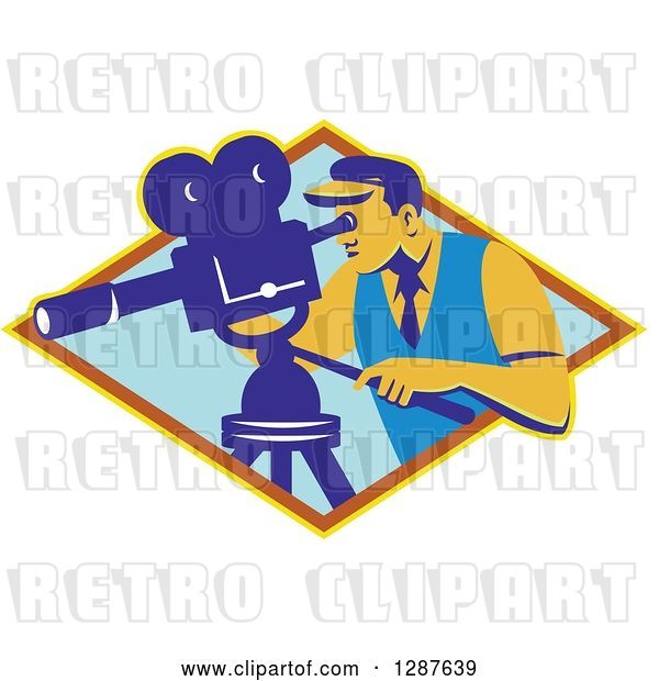 Vector Clip Art of Retro Male Cameraman Working in a Yellow Brown and Blue Diamond