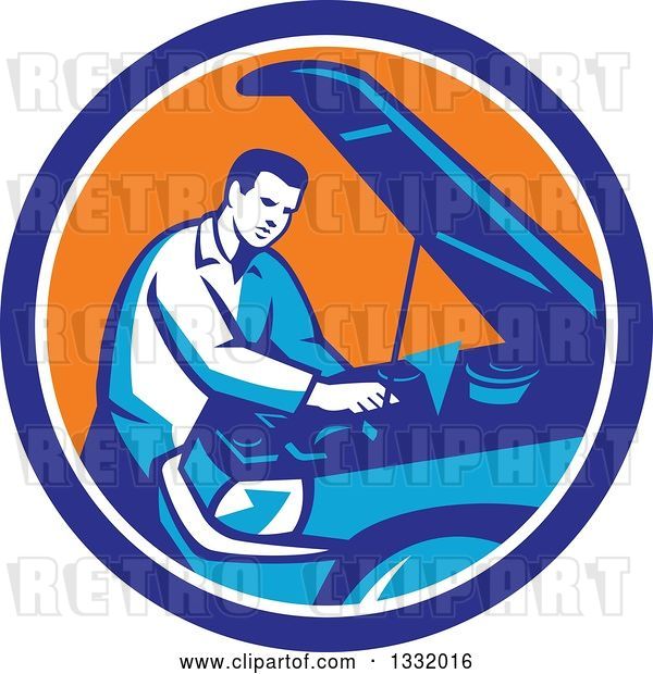 Vector Clip Art of Retro Male Car Mechanic Working on an Automobile in a Blue White and Orange Circle