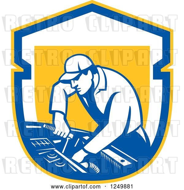 Vector Clip Art of Retro Male Car Mechanic Working on an Automobile in a Shield
