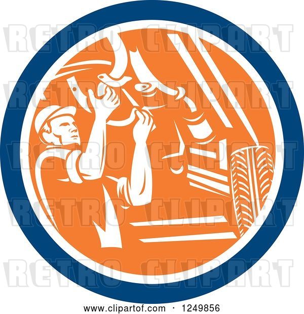 Vector Clip Art of Retro Male Car Mechanic Working Under an Automobile in a Circle