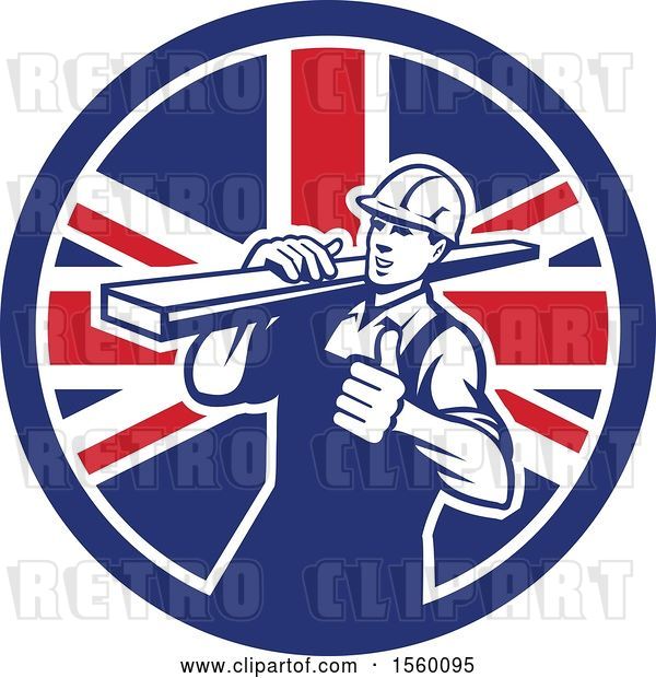 Vector Clip Art of Retro Male Carpenter Carrying Lumber and Giving a Thumb up in a Union Jack Flag Circle