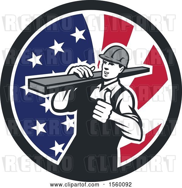Vector Clip Art of Retro Male Carpenter Carrying Lumber and Giving a Thumb up in an American Flag Circle