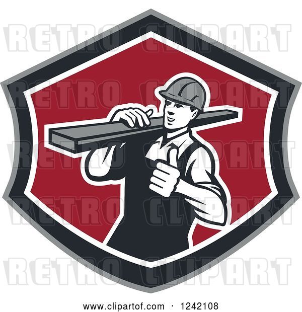 Vector Clip Art of Retro Male Carpenter Carrying Lumber in a Shield