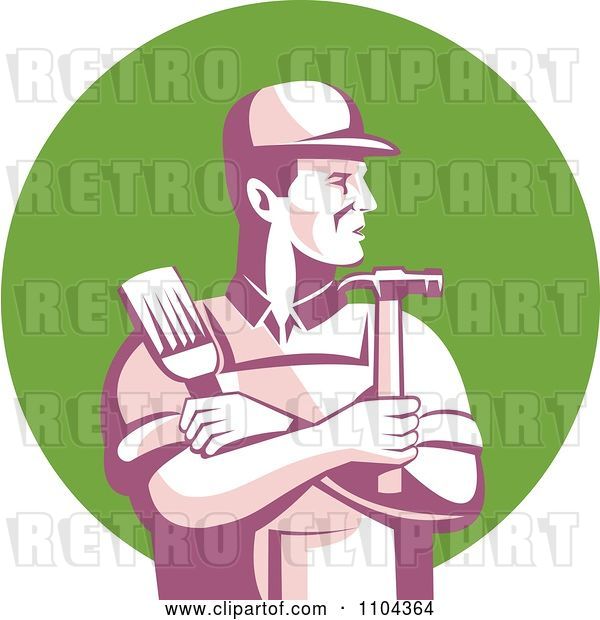 Vector Clip Art of Retro Male Carpenter Holding a Brush and Hammer over a Green Circle