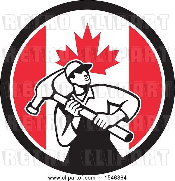 Vector Clip Art of Retro Male Carpenter Holding a Giant Hammer in a Canadian Flag Circle