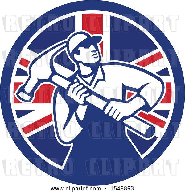 Vector Clip Art of Retro Male Carpenter Holding a Giant Hammer in a Union Jack Flag Circle