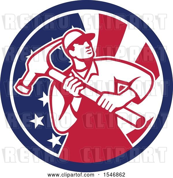 Vector Clip Art of Retro Male Carpenter Holding a Giant Hammer in an American Flag Circle