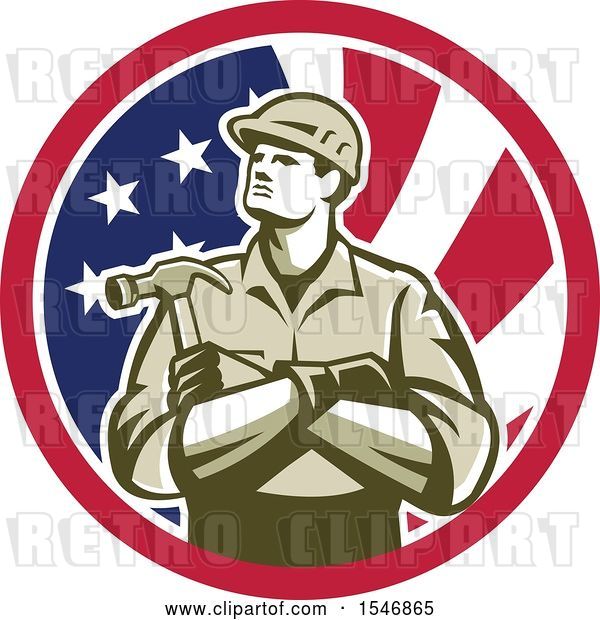 Vector Clip Art of Retro Male Carpenter Holding a Hammer in an American Flag Circle