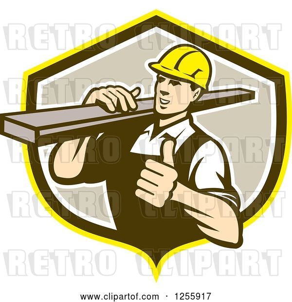Vector Clip Art of Retro Male Carpenter Holding a Thumb up and Carrying Lumber in a Shield