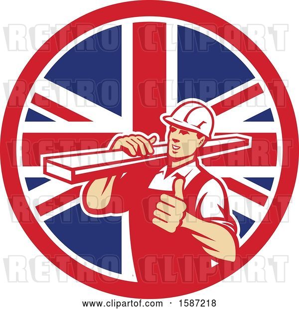 Vector Clip Art of Retro Male Carpenter Holding a Thumb up and Carrying Lumber in a Union Jack Flag Circle