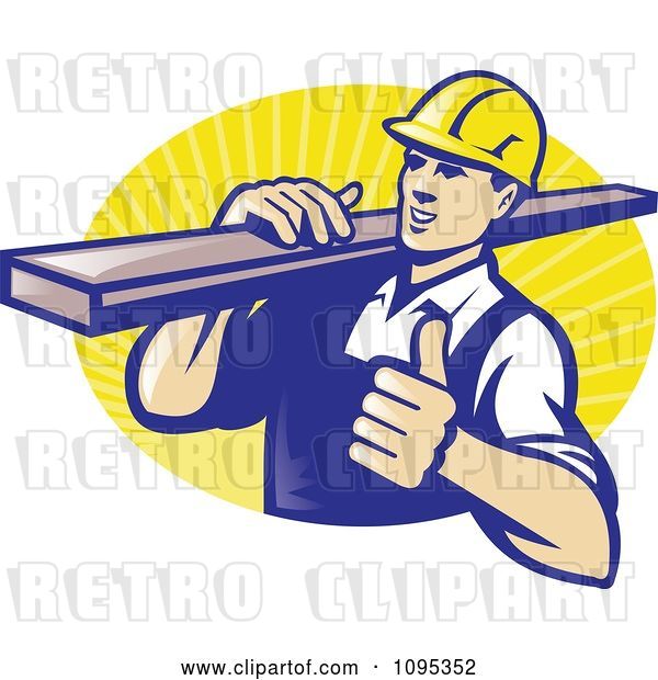 Vector Clip Art of Retro Male Carpenter Holding a Thumb up and Carrying Lumber over Yellow Rays