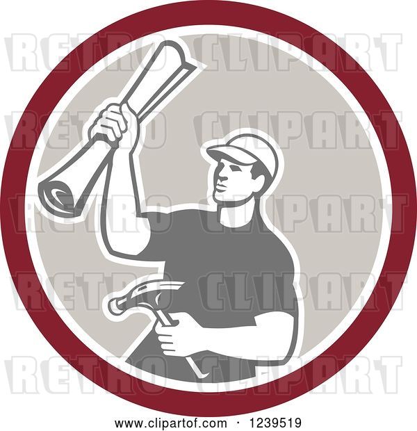 Vector Clip Art of Retro Male Carpenter Holding up Blueprints and a Hammer in a Circle