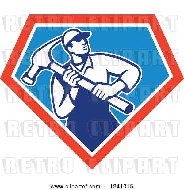 Vector Clip Art of Retro Male Carpenter with a Giant Hammer in a Triangle