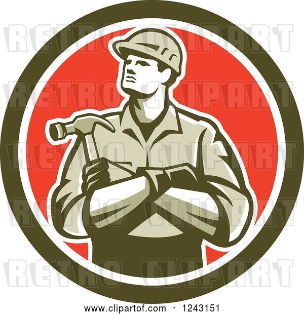 Vector Clip Art of Retro Male Carpenter with Folded Arms and a Hammer in a Circle