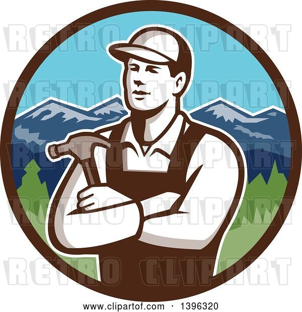 Vector Clip Art of Retro Male Carpenter with Folded Arms, Holding a Hammer in a Circle of Mountains