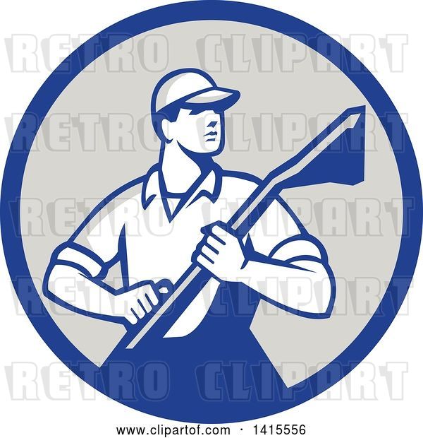 Vector Clip Art of Retro Male Carpet Cleaner in a Blue and Gray Circle