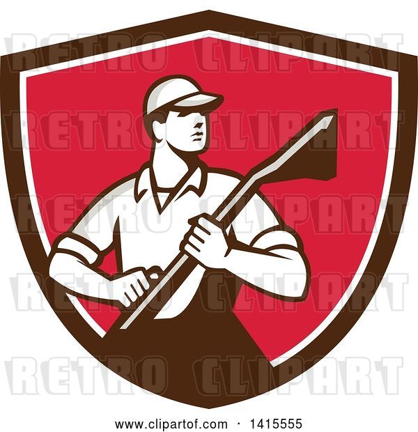 Vector Clip Art of Retro Male Carpet Cleaner in a Brown White and Pink Shield