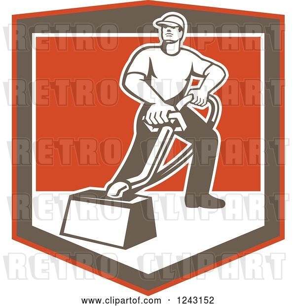 Vector Clip Art of Retro Male Carpet Cleaner Working in a Shield