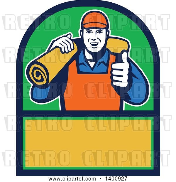 Vector Clip Art of Retro Male Carpet Layer Giving a Thumb up and Carrying a Roll in a Green Blue and Yellow Frame