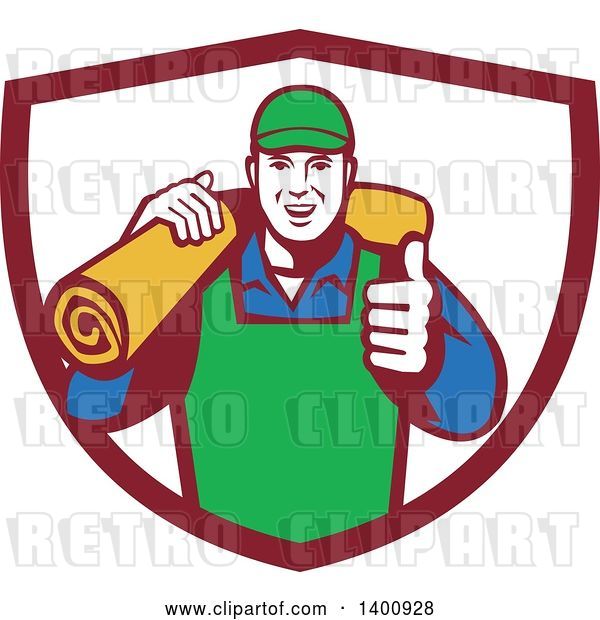 Vector Clip Art of Retro Male Carpet Layer Giving a Thumb up and Carrying a Roll in a Shield