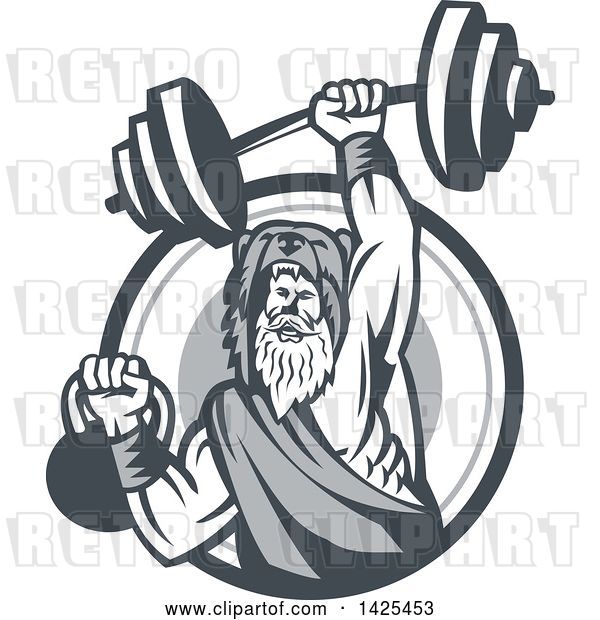 Vector Clip Art of Retro Male Champion Norse Warrior, Berserker, Wearing a Pelt of Bear Skin, Lifting a Barbell and Kettlebell, Emerging from a Circle