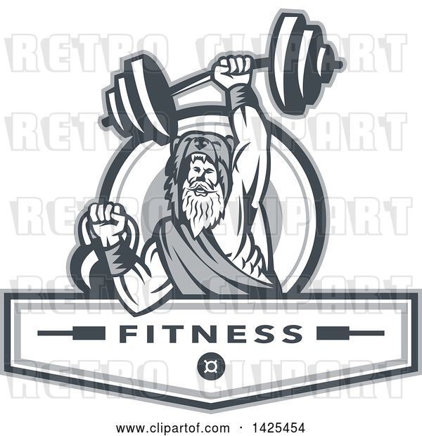 Vector Clip Art of Retro Male Champion Norse Warrior, Berserker, Wearing a Pelt of Bear Skin, Lifting a Barbell and Kettlebell, Emerging from a Circle over Fitness Next