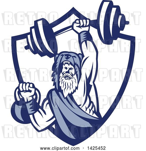 Vector Clip Art of Retro Male Champion Norse Warrior, Berserker, Wearing a Pelt of Bear Skin, Lifting a Barbell and Kettlebell, Emerging from a Shield
