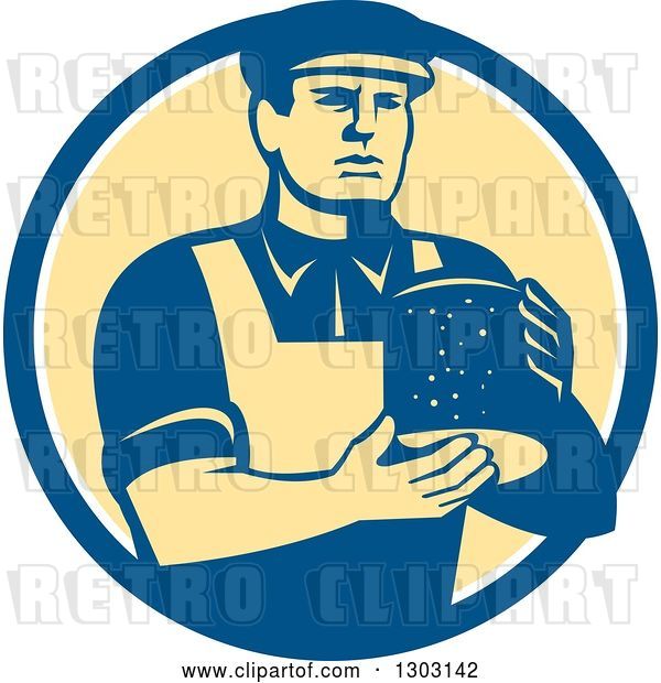 Vector Clip Art of Retro Male Cheesemaker Holding a Parmesan Round in a Blue White and Yellow Circle