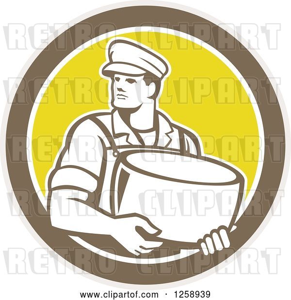 Vector Clip Art of Retro Male Cheesemaker Holding a Parmesan Round in a Tan Brown White and Yellow Circle
