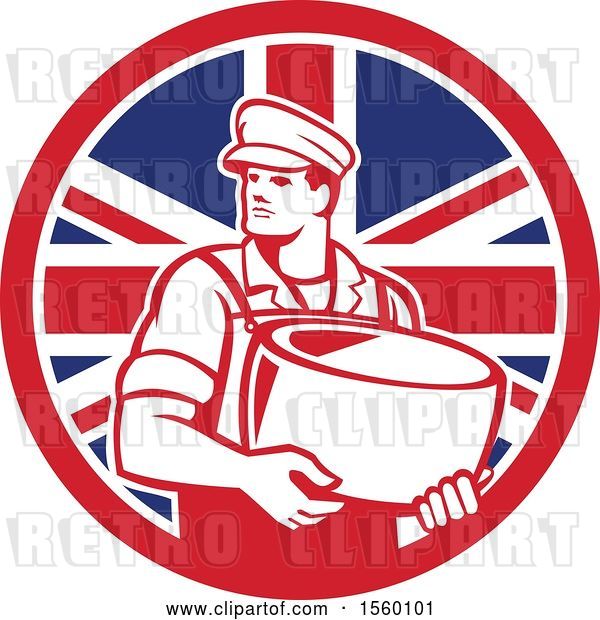 Vector Clip Art of Retro Male Cheesemaker Holding a Parmesan Round in a Union Jack Flag Circle