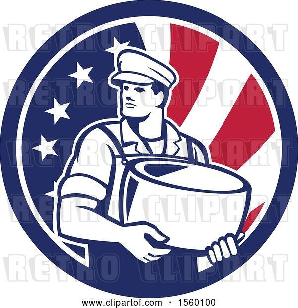 Vector Clip Art of Retro Male Cheesemaker Holding a Parmesan Round in an American Flag Circle