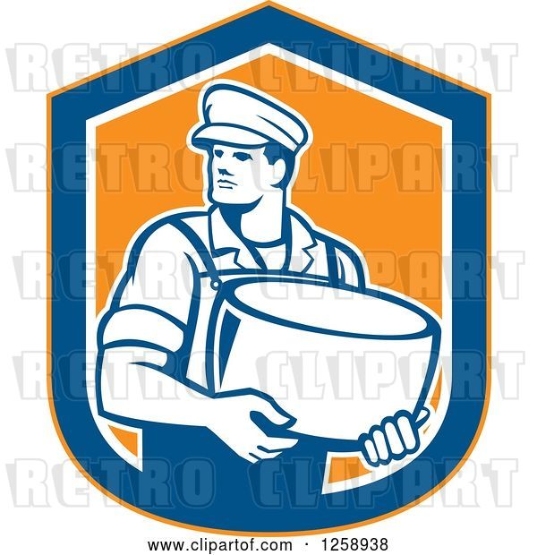 Vector Clip Art of Retro Male Cheesemaker Holding a Parmesan Round in an Orange Blue and White Shield
