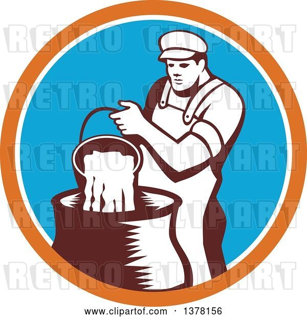 Vector Clip Art of Retro Male Cheesemaker Pouring a Bucket of Curd and Whey into a Vat in an Orange White and Blue Circle
