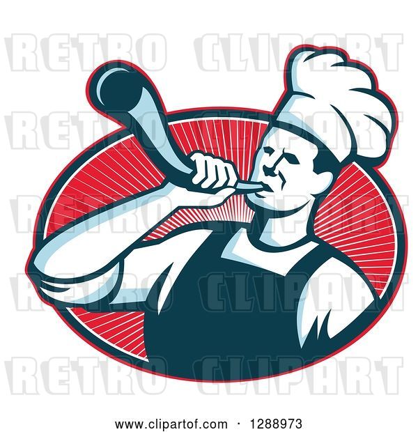 Vector Clip Art of Retro Male Chef Blowing a Bullhorn in a Red White and Navy Blue Oval of Rays