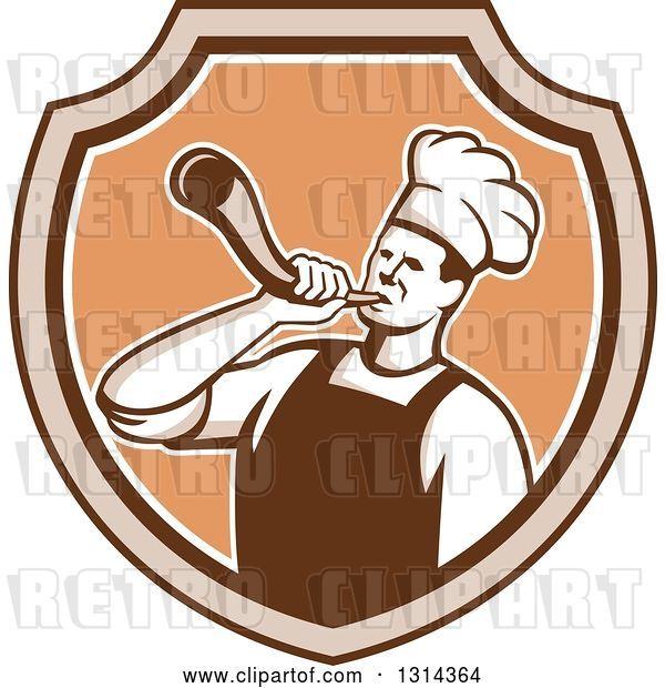 Vector Clip Art of Retro Male Chef Blowing a Horn in a Brown and Tan Shield