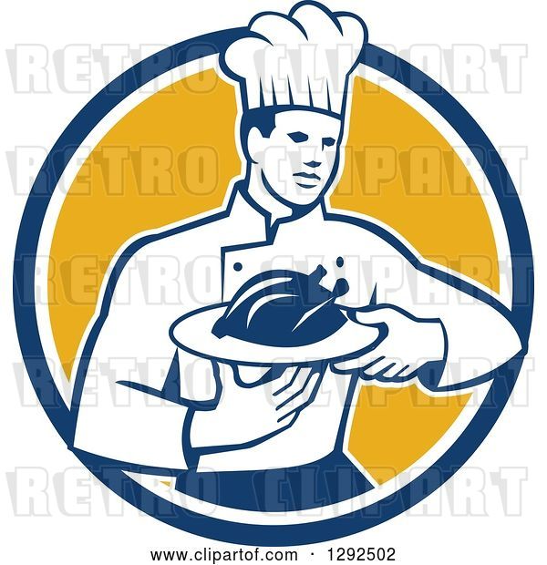 Vector Clip Art of Retro Male Chef Carrying a Roasted Chicken on a Platter in a Blue White and Yellow Circle
