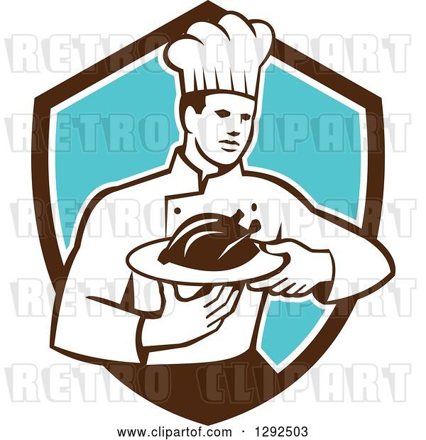 Vector Clip Art of Retro Male Chef Carrying a Roasted Chicken on a Platter in a Brown White and Blue Shield