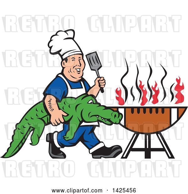 Vector Clip Art of Retro Male Chef Carrying an Alligator and Spatula to a Football Grill